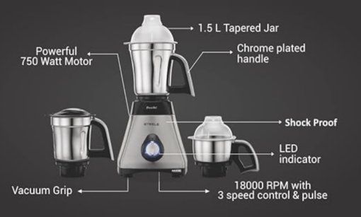 Preethi Steele Max MG-212 mixer grinder, 750 watt, Silver/Black, 3 Jars, Vega W5 motor with 2yr Guarantee & Lifelong Free Service - Image 2
